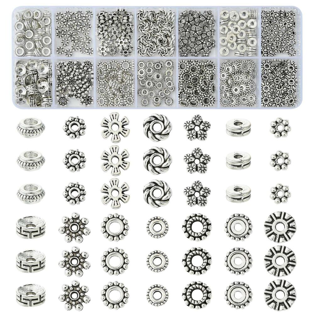 4530 420Pcs 14 Styles Flower Round Spacer Beads Antique Silver Flat